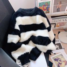 Women's Sweaters O Neck Korean Vintage Sueter Mujer Women Oversize Mink Cashmere Black White Striped Knitted Pullovers Y2k Casual