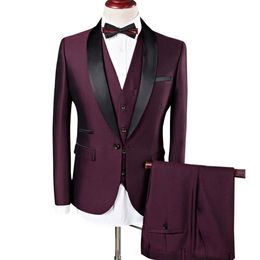 Fashion One Button Burgundy Groom Tuxedos Shawl Lapel Men Wedding Party Groomsmen 3 pieces Suits Jacket Pants Vest Tie K68223s