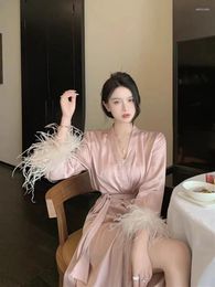 Women's Sleepwear ReddaChic Pink Silk Ostrich Feather Trim Bath Robe Women Long Sleeves Bandage Midi Wedding Bride Bridesmaid Pajama