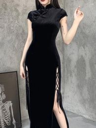 Casual Dresses Romantic Gothic Velvet Aesthetic Vintage Women Black Bandage SlitHem Bodycon Dress Sexy Evening Wear Cheongsam