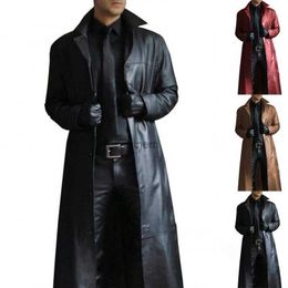 Men's Leather Faux Leather Polo collar solid Colour trench style slim fitting leather long leather jacket for men jacket men jacket men clothing