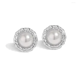 Stud Earrings 925 Pure Silver Round Female French Style Pearl Inlay Versatile