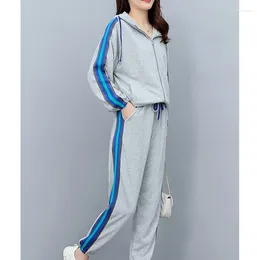 Women's Two Piece Pants Spring Tracksuit For Women Plus Size Casual Set Hooded Jacket Tops And Slim Grey Sport Outwear Matching Outfits