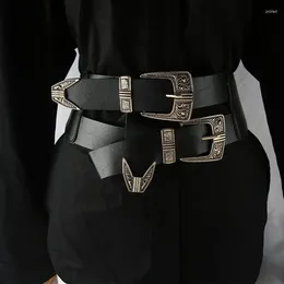 Belts Women Wide Belt Cummerbund Vintage Carved Metal Double Buckle Leather Waist Lady Waistband Elastic Strap