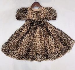 2024 Kid Girl Leopard Patchwork Dress, Short Sleeve Round Neck Bowknot Decoration Dress 90-150
