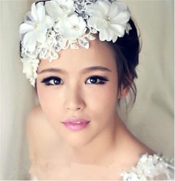 2015 Bridal Lace Flowers Crown Crystal Bridal Headdress Wedding Frontlet Pearls Girl Head Wreath Handmade Hair Accessories4335731