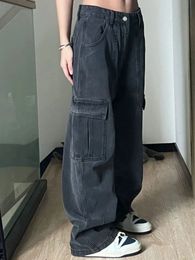 American Overalls Mopping Jeans for Women Spring Straight Pants Loose Slim Wide Leg Black and Gray High Waist 240116