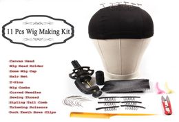 AliLeader 11 Sets Wig Starter Kit Canvas Block Head with Stand Dome Wig Cap Combs Curved Needles T pins Thread for Making Wigs9196228