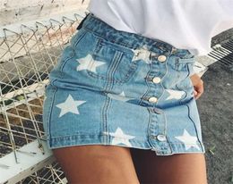 BOHO INSPRIED stars print denim skirt for women button high waist mini sexy girl skirts womens cotton chic denim women skirt new 26188106