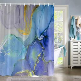 Shower Curtains Colorful Marble Shower Curtain Abstract Blue Purple Jade Texture Gold Stripes Ombre Shower Curtain Modern Ink Art Bathroom Decor