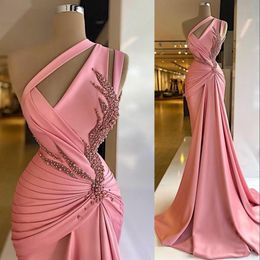 Sexy Plus Size Pink Mermaid Prom Dresses One Shoulder Crystal Pearls Floor Length Special Occasion Evening Gowns Dress Arabic Midd253Z