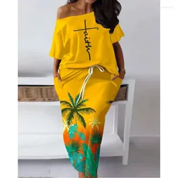 Ethnic Clothing 2024 Summer Elegant African Women Half Sleeve Polyester Printing 2pieces Top Long Skirt Matching Sets Clothes