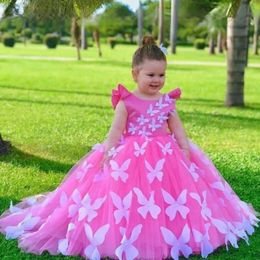 Hot Pink Flower Girl Dresses Jewel Hand Made Butterfly Ball Gown Princess Flowergirl Gowns for Little Kids First Birthday Party Gown Daughter and Mother Dress CF004