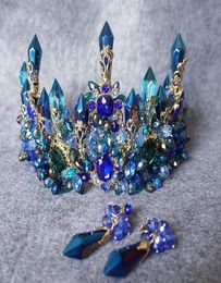 Vintage Wedding Bridal Baroque Blue Rhinestone Crystal Crown Tiara Headband Earring Jewelry Set Luxury Headpiece Princess Hair Acc7995846