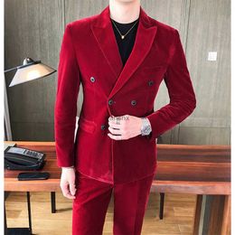 Men's Suits Blazers 2-Piece Men Set High Quality Golden Velvet Double Breasted Suit New Fashion Wedding Formal Party Prom Slim Fit Jacket Pants