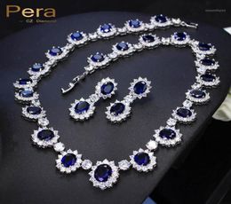 Pera CZ Big Round Cubic Zirconia Bridal Wedding Royal Blue Stone Necklace And Earrings Jewellery Sets For Brides J12619273385