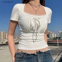 Women's Blouses Shirts Happylisa Women T Shirts Tees T-shirt Female Lace Short Sleeve Folds Crop Tops Summer Ladies Hot Sexy Female Skinny Tees T06 YQ240117