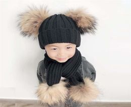 4 Pieces Pompom Hat Scarf Kids Winter Beanie Boys Girls Winter Cap Children Real Fur Pompom Hats Baby Knitted Hat and Scarf Set LJ6690478