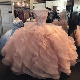 Peach Off Shoulder Ball Gown Quinceanera Dresses Crystal Beaded Tiered Ruffles Puffy Tulle Plus Size Sweet 16 Long Party Prom Even211o