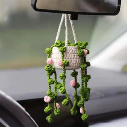 Decorative Flowers Cute Potted Plants Crochet Car Basket Hanging Plant For Decor Ornament Rear View Mirror Accessories