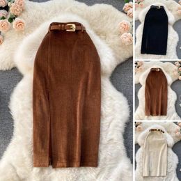 Skirts Corduroy Skirt Elegant High Waist Split Midi For Women Soft Thick Warm Sheath Commute Style With Zipper Closure Solid