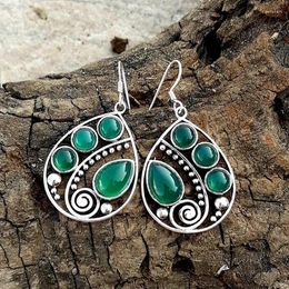 Dangle Earrings Vintage Drop Metal Embellished Green Stone Hook For Women