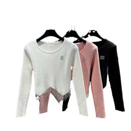Designer Women's Sweaters MIU Family Autumn New Handmade Beaded Letter Round Neck Tassel Slim Fit Long sleeved Knitted Women's Top B00M