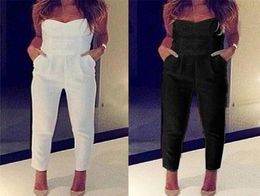 Whole Womens Jumpsuit Sexy High Waist Slim Solid Pocket Long Jumpsuits Overalls Pant White Black 2016 Strapless Jumpsuit Romp6287037