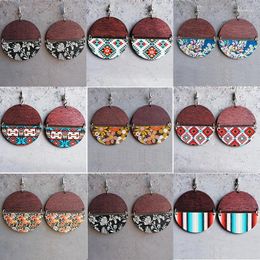 Dangle Earrings Fashion Boho Round Wooden American Western Ethnic Exotic Flowers Pattern Patchwork For Women