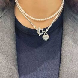 Necklace Classic Temperament 925 Sterling Silver Ot Buckle Layer Pearl Heart Shaped Pendant with Diamond for Women 9JQE