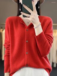Women's Knits Fashion Women Autumn Winter Cardigan Merino Wool O-neck Solid Basic Long Sleeve Cashmere Knitted Sweater Female Clothes