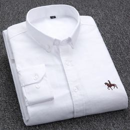 100% Cotton Oxford Shirt Men's Long Sleeve Embroidered Horse Casual Without Pocket Solid Yellow Dress Shirt Men Plus Size S-6XL 240116