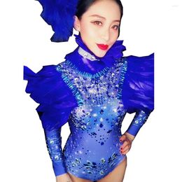 Stage Wear Rhinestones Feathers Decoration Royal Blue Jumpsuits Sets Sparkly Clothing For Women Lady Nightclub Performance