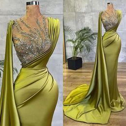 Arabic Lemon Green Satin Mermaid Evening Dresses 2022 Sheer Mesh Top Sequin Beads Ruched Formal Occasion Wear Sweep Train Robe de 297B