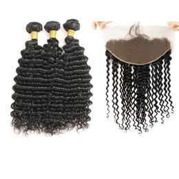 Brazilian Human Hair Peruvian Indian 3 Bundles With HD 13X6 Lace Frontal Free Part Deep Wave 10-30nch Natural Colour