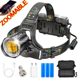 Powerful XHP100 Led Headlamp Zoomable USB Rechargeable Headlight Waterproof Output 18650 Head Torch Fishing Flashlight Camping 240117