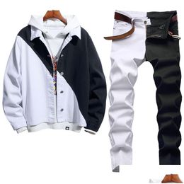 Men'S Tracksuits Stitching Colour Mens Two Pieces Sets Autumn Tracksuits White/Black Denim Jacket Add Skinny Stretch Jeans 2Pcs-Set Co Dhqlm