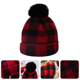 Berets Christmas Knitted Hat Red Plaid Woollen Ear Protection Beanie Cap Parent- Child For Kids Year Holiday