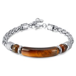 Stainless Steel Personality Bangle hip hop Tiger Eye Stone Beads Braided chain stainless steel bracelet n1476