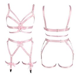 Women Pink Bow Full Body Harness Bra Elastic Plus Size Cupless Bra Hollow Out Strappy Garter Belt Punk Gothic Sexy Lingerie Set S09732342