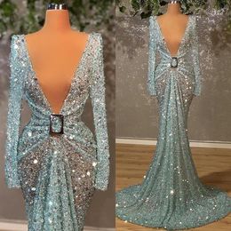 Light Blue Sparkly Sequined Mermaid Evening Dresses African Bling Bling V Neck Long Sleeve Party Gowns Aso Ebi Prom Dress2668