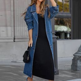 Women'S Vintage Long Jean Jacket Temperament Loose Fit Double Breasted Denim Lapel Trench Coat With Belt Woman Clothing 240116