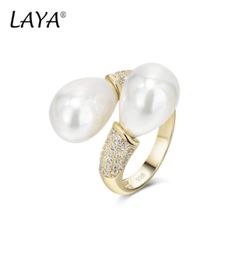 LAYA Fashion Adjustable Double Pearl With Side Stones Ring Women039s Engagement 925 Sterling Silver Party Anniversary Gift High4069220022