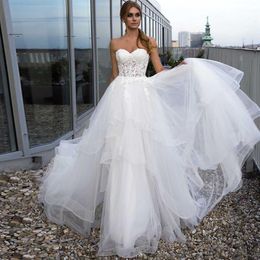 Sweetheart A Line Wedding Dresses Sleeveless Lace Appliques Wedding Bridal Gown Court Train Lace Up Vestidos De Noiva2883