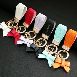 Fashionable Bow Keychain, Exquisite Bag Hanging Decoration with Diamonds, High End Leather Car Keychain