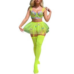 Luxury Lingerie Sexy Floral Embroidery Set Woman Underwire Bra Thongs Exotic Intimate Neon Green Underwear With Socks and Apron 240117