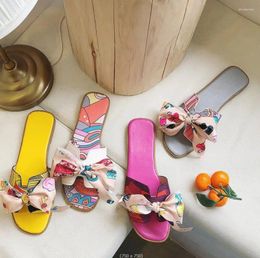 Slippers Summer Colorful Ribbon Bow Flat Heel For Women Wearing Flower Women's Sandals