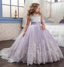 Beautiful Purple and White Flower Girls Dresses Beaded Lace Appliqued Bows Pageant Gowns for Kids Wedding Party Dresses For Girl4505062