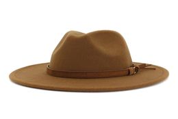 Man Woman Caps WBelt Brown Khaki Patchwork Jazz Fedoras with Ribbon Wool Felt Fedora Wide Brim Panama Style Hats for Festival Wom5124095