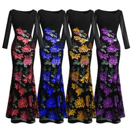 Angel-fashions Women's Long Sleeve Rose Pattern Sequin Black Formal Dress Evening Dresses Party Prom Gown 396238R